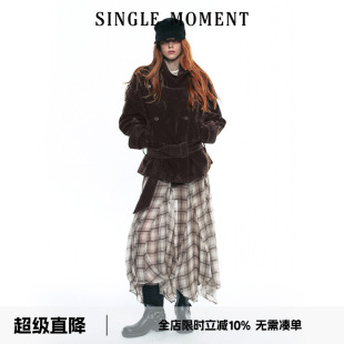SINGLE MOMENT 2W法式复古植绒大立领短款双排扣系腰风衣外套女