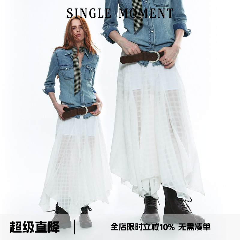 SINGLE MOMENT 25AW秋季苏格兰风纯白格纹不对称半身裙长裙女