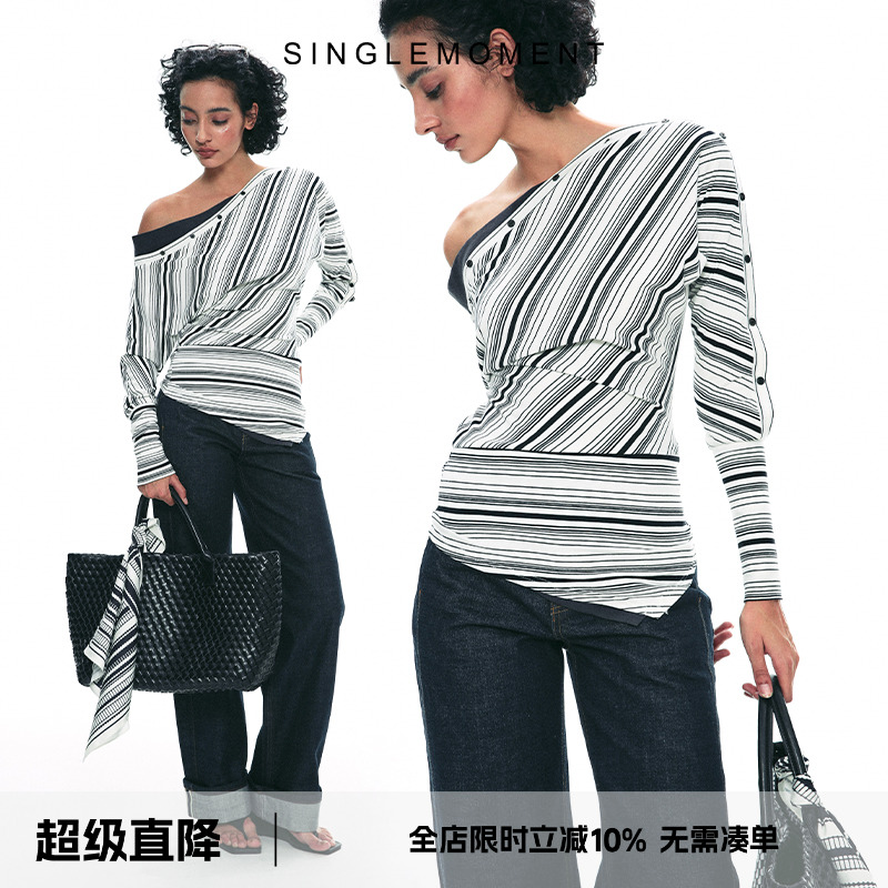 SINGLEMOMENT斜肩假两件打底衫
