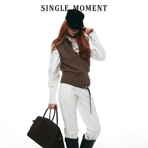 SINGLE MOMENT 26AW法式立领皮袢无袖肌理感宽松毛衣马甲上衣女