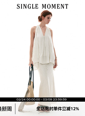 SINGLE MOMENT 26SS法式浪漫挂脖扭花A摆花苞上衣系带斜丝半裙女