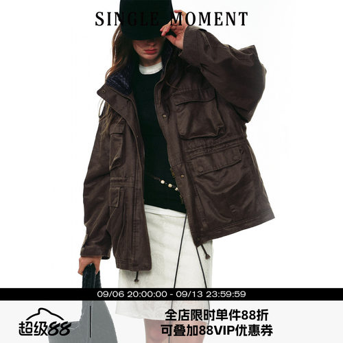 SINGLE MOMENT 25AW法式复古百搭巴恩风中长款工装夹克外套上衣女