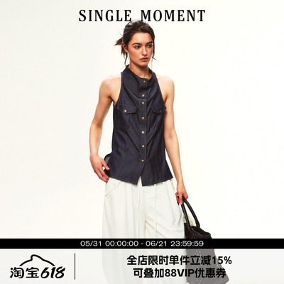 SINGLE MOMENT 26SS夏季法式休闲工装小荡领无袖牛仔修身上衣女