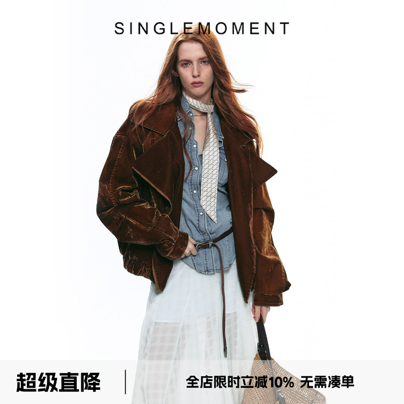 SINGLE MOMENT 25AW法式复古毛领短款绒感翻领夹克外套工装上衣女