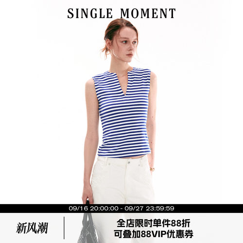 SINGLE MOMENT 26SS法式夏季休闲v领无袖背心上衣修身T恤女