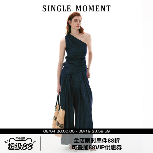 SINGLE MOMENT 26SS法式复古斜肩修身显瘦无袖上衣背心西裤套装女