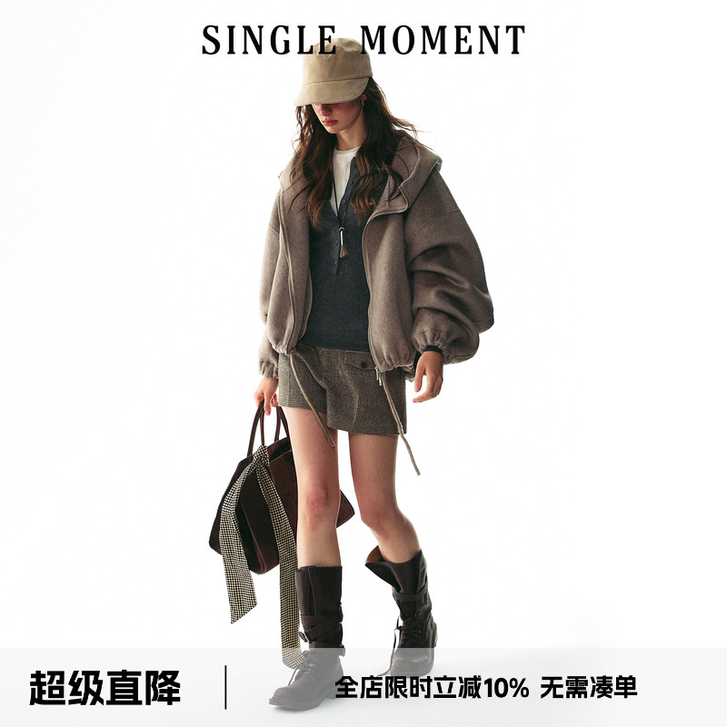 SINGLE MOMENT 25AW法式冬季羊毛短款下摆可调节连帽双面呢外套女