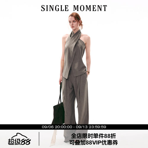 SINGLE MOMENT 26SS法式复古交叉领挂脖无袖上衣直筒休闲西裤套装