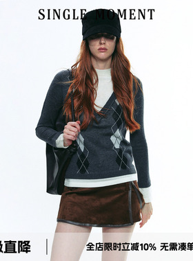 SINGLE MOMENT 25AW法式复古V领菱形格假两件针织衫毛衣上衣女
