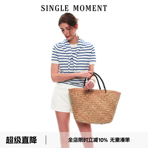 SINGLE MOMENT 26SS法式复古海军风修身条纹围巾系带针织衫短袖女
