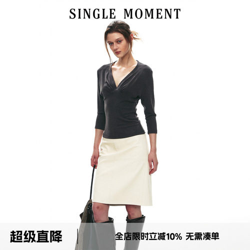 SINGLE MOMENT 26AW法式都市通勤深V收褶七分袖套头针织T恤上衣女