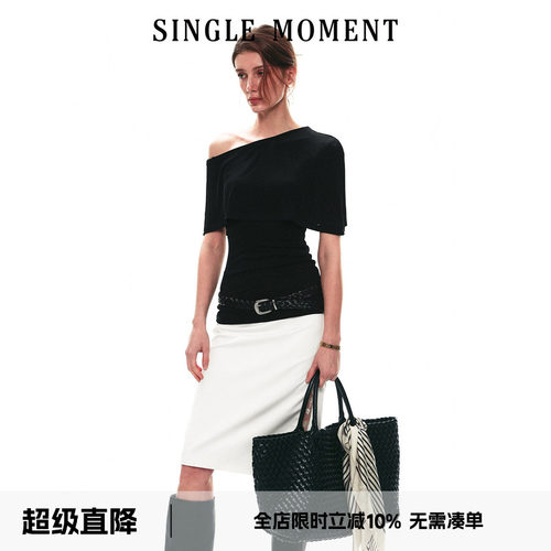 SINGLE MOMENT 26SS夏季法式斗篷式假两件斜肩针织t恤短袖上衣女