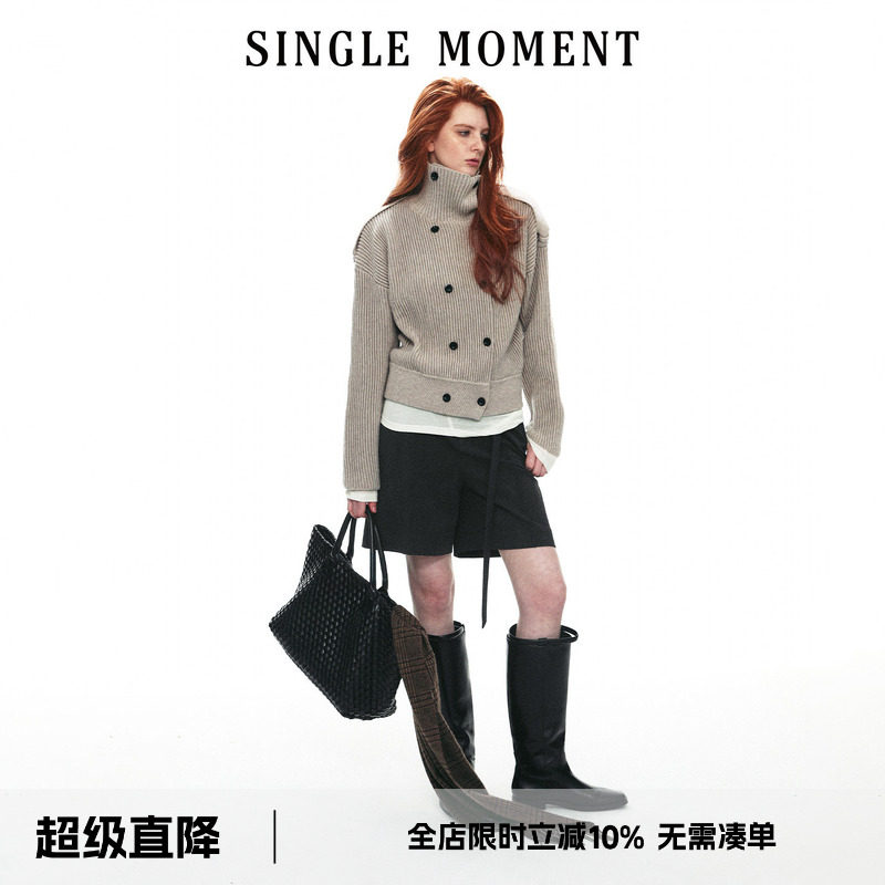SINGLE MOMENT 26AW法式立领休闲风宽松双排扣毛衣开衫长袖外套女图片
