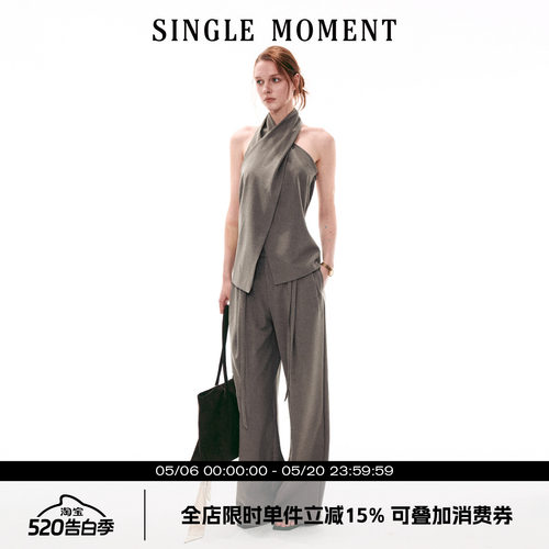 SINGLE MOMENT 26SS法式复古交叉领挂脖无袖上衣直筒休闲西裤套装