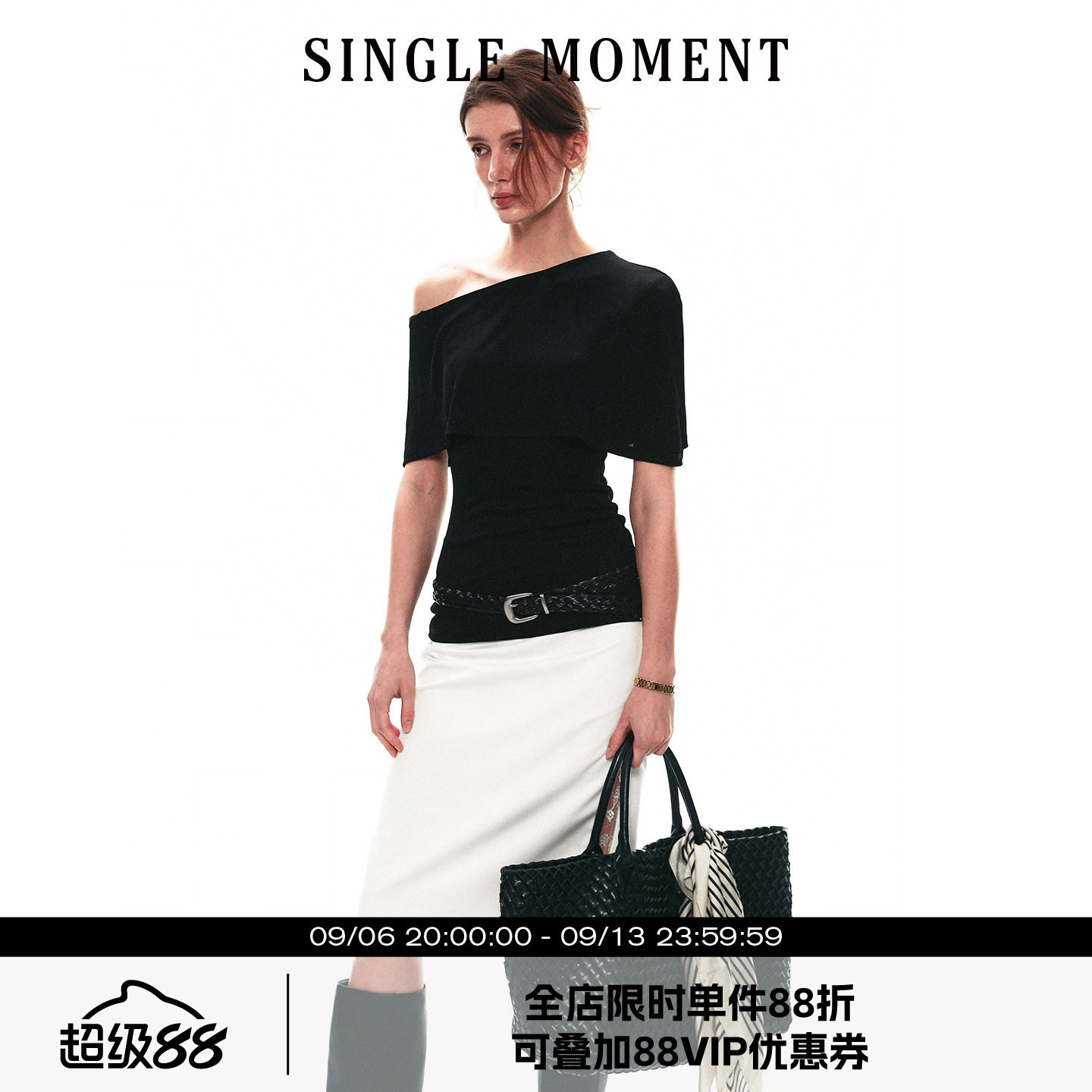 SINGLE MOMENT 26SS夏季法式斗篷式假两件斜肩针织t恤短袖上衣女图片