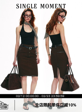 SINGLE MOMENT 25SS复古撞色皮条拼接工装裙铅笔裙半身裙包臀裙女