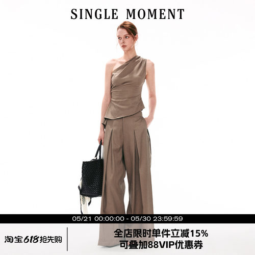 SINGLE MOMENT 26SS法式斜肩抽皱不规则下摆无袖上衣休闲西裤套装