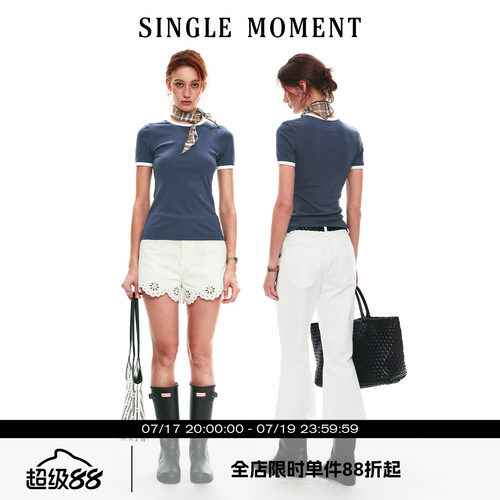 SINGLE MOMENT 26SS法式夏季果冻色撞领针织短袖T恤修身上衣女