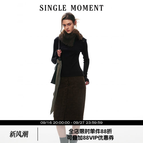 SINGLE MOMENT 26AW法式可拆卸仿真毛领针织坑条长袖T恤针织衫女