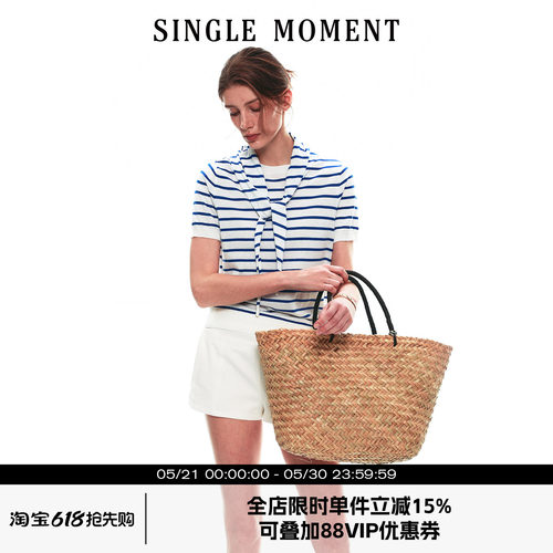SINGLE MOMENT 26SS法式复古海军风修身条纹围巾系带针织衫短袖女