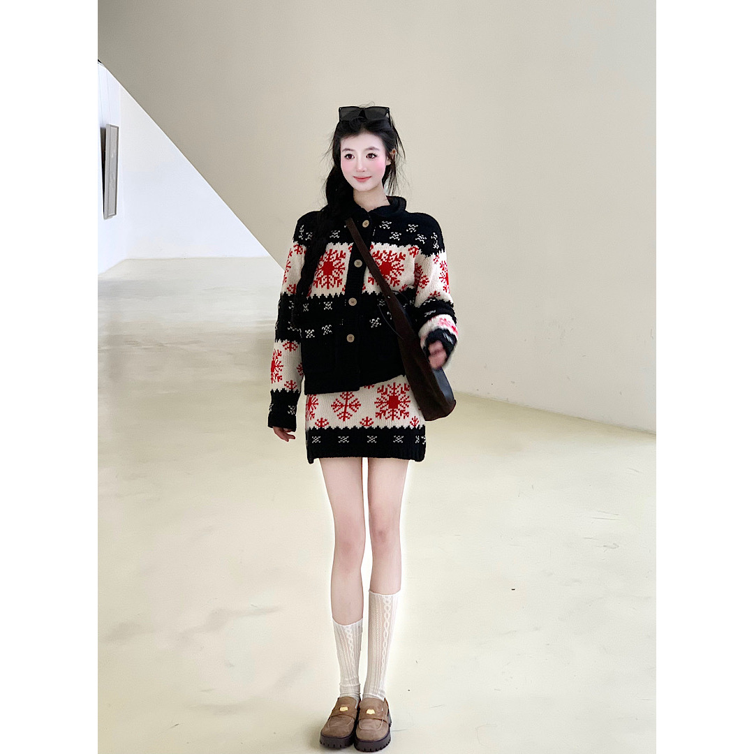 一整套入冬ootd穿搭复古高级感气质费尔岛针织毛衣半身裙两件套装