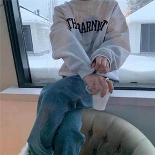 女装 现货 et圆领加绒卫衣女冬加厚灰色上衣韩系东大门款 barn the