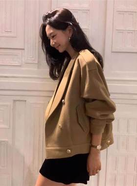 现货 st*短款翻领双排扣呢子大衣女复古高级感呢外套韩版气质冬装