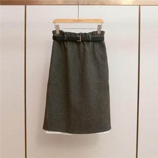 深圳南油高端女装 美拉德复古毛呢假两件拼接开叉半身裙女 秋冬新款