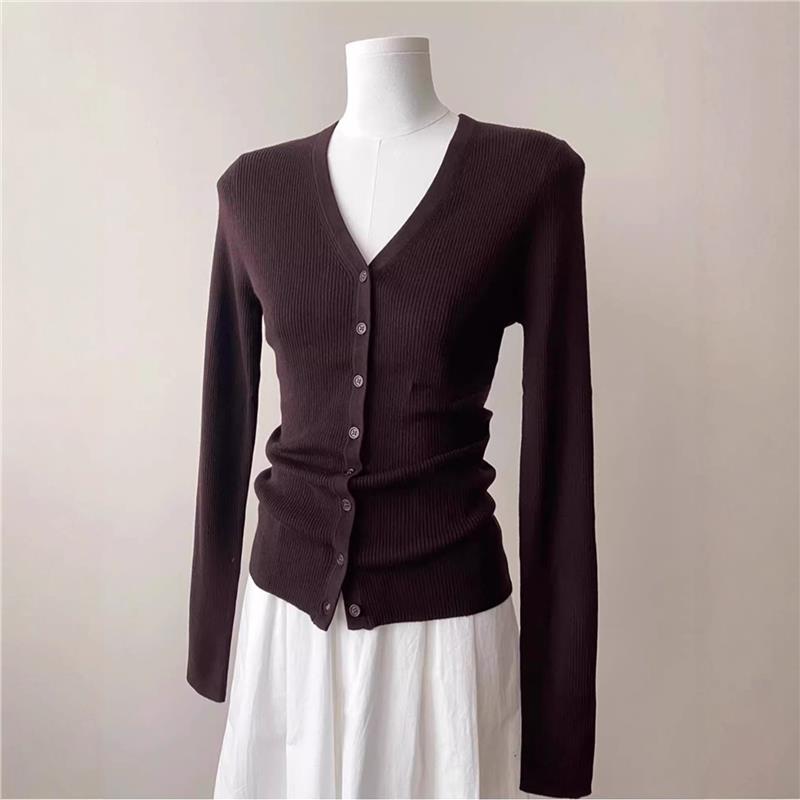 法式咖色v领羊毛针织开衫