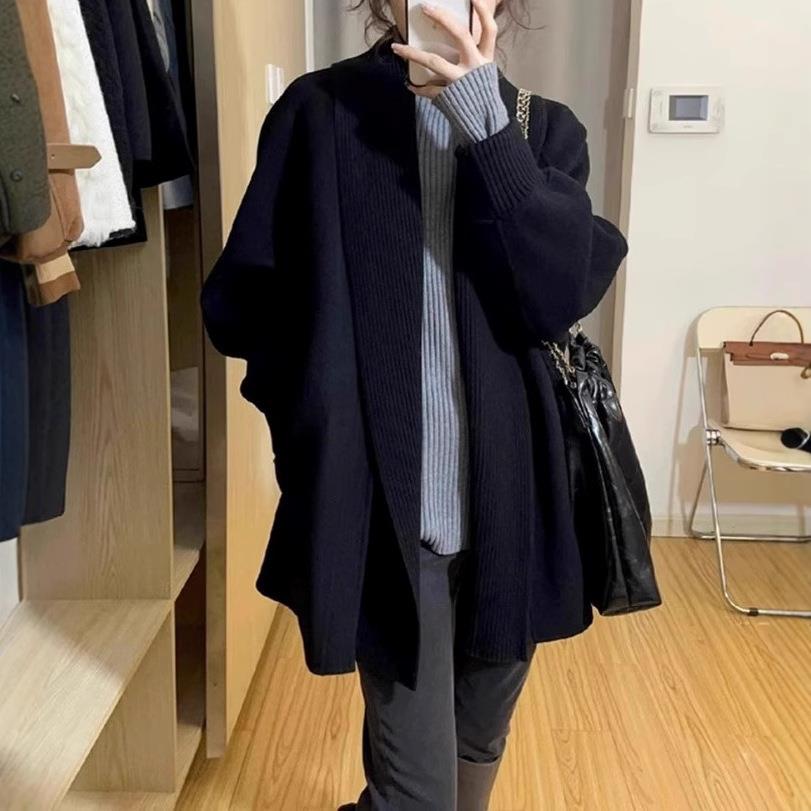 复古日系高级感黑色针织开衫女秋冬中长款慵懒风毛衣外套软糯上衣