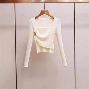 新款 针织衫 法式 修身 千金风气质简约百搭钻扣方领长袖 衣莉卓雅秋季