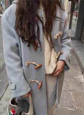 预S 羊毛羊驼毛连帽牛角扣毛呢大衣秋冬女中长款外套maybeba*y