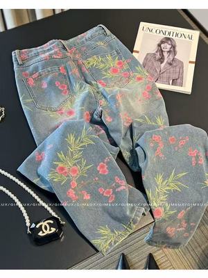 美式复古玫瑰印花牛仔裤男款潮牌高腰显瘦裤子宽松直筒阔腿微喇裤