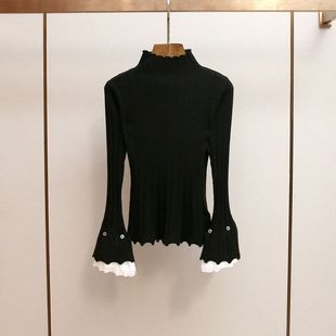 显瘦打底针织衫 深圳南油高端女装 半高领宫廷风喇叭袖 法式 秋冬新款