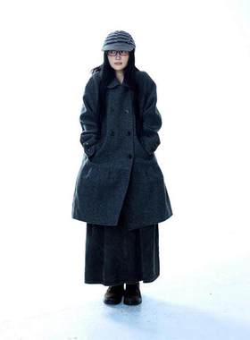 现货 日系复古羊毛毛呢大衣2025秋冬纯色气质中长款外套coyse*o