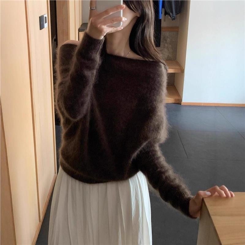 美拉德咖色毛茸软糯一字肩