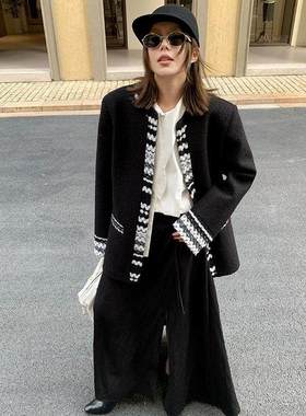 绵羊毛小香风撞色西装外套女秋冬小众气质开衫251295