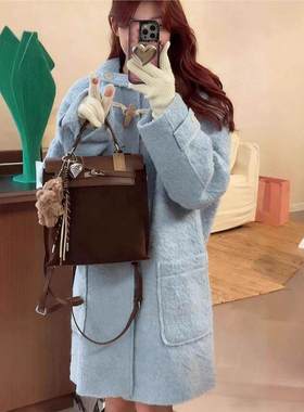 现h 东大门纯色连帽羊驼毛羊毛呢大衣女2025秋冬舒适温柔气质外套