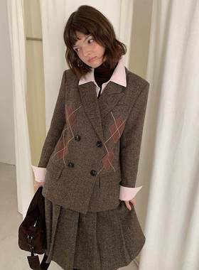 英伦风菱格羊毛西装女冬季复古气质毛呢外套530007