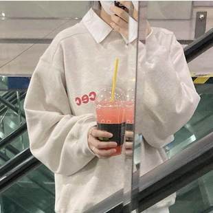 cec印花圆领卫衣加绒宽松oversize秋冬ins男女同款 潮牌上衣