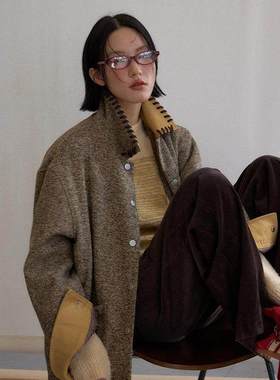 设计感拼接皮绒领毛呢外套女冬季Polo领上衣251368