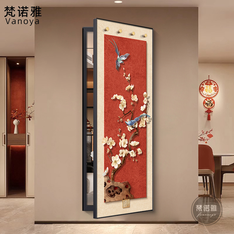 新中式暗藏式全身镜子画花鸟隐藏式推拉翻开关闭穿衣镜入户门挂画