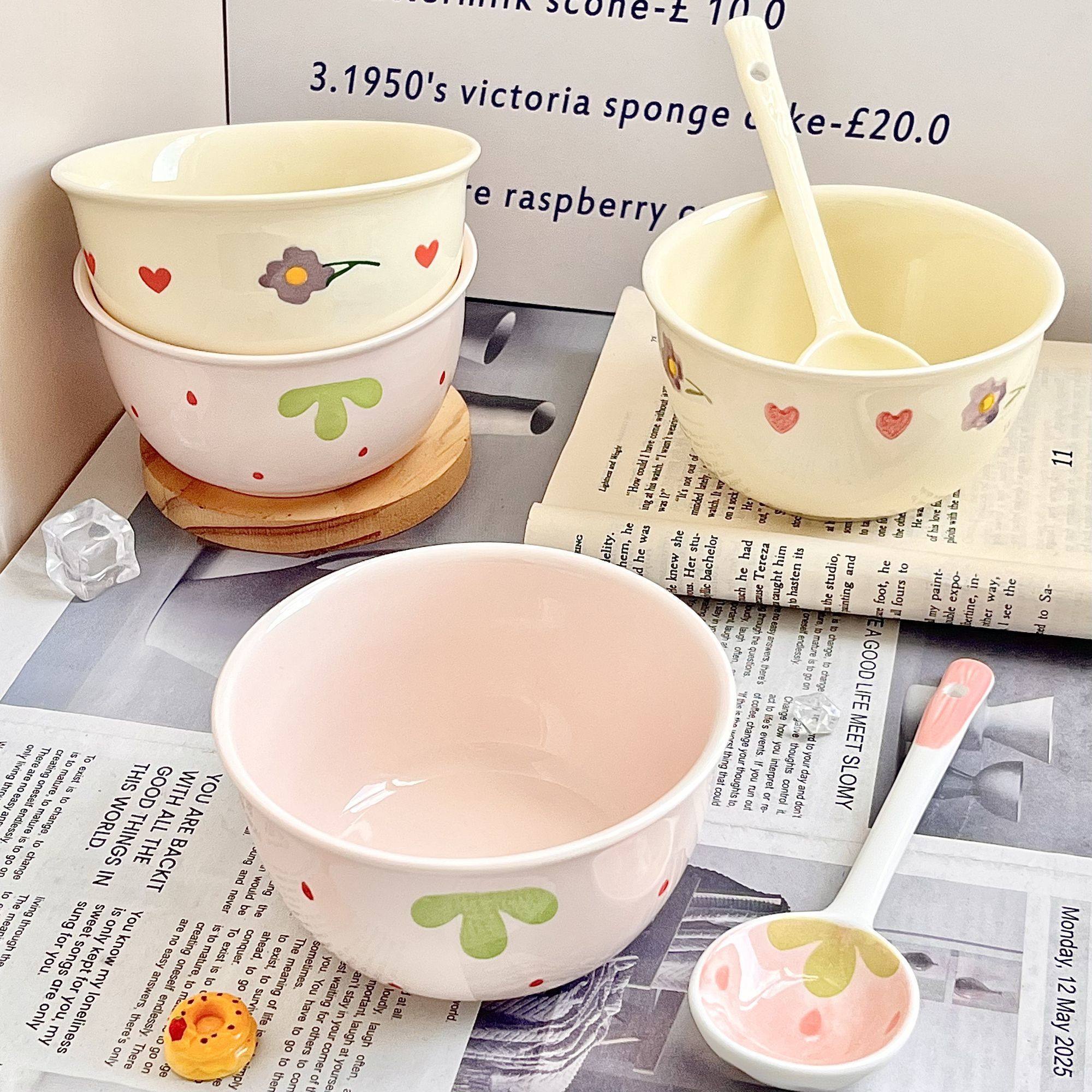 一人食餐具三件套高颜值草莓紫藤花陶瓷可爱米饭碗少女釉下彩家用,餐饮具,可降解餐具/环保餐具,淘宝优惠券,粉丝福利购,淘宝优惠卷