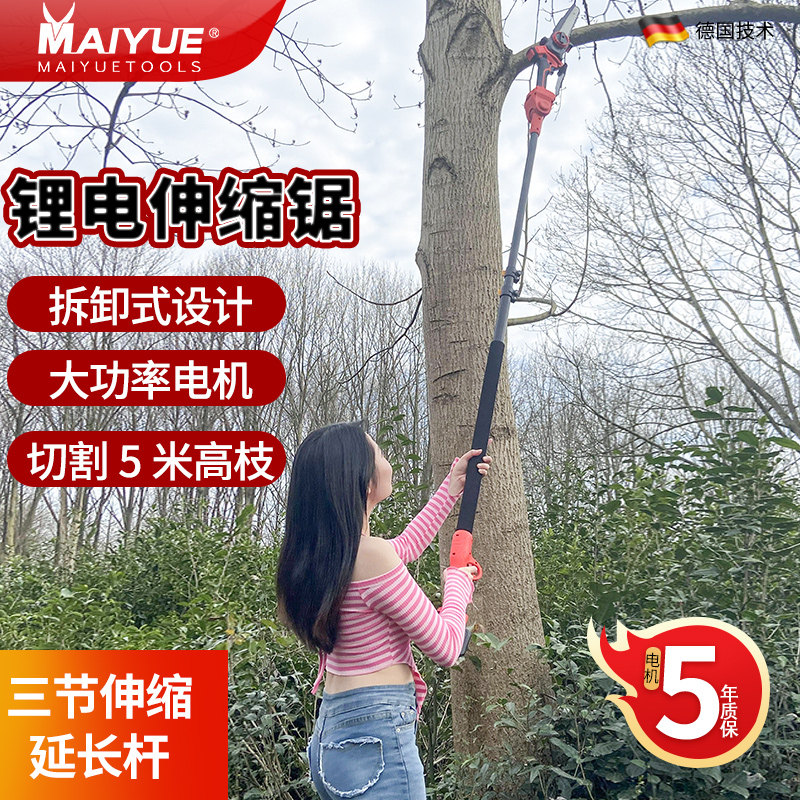 迈越电动高枝锯充电式高空电炼锯园林伐木修枝伸缩加长杆炼条锯子