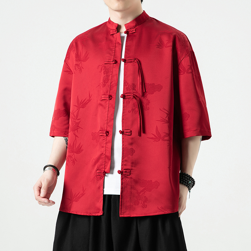 中国风夏季薄款冰丝休闲唐装衬衫中式复古盘扣茶服半袖暗纹中山装