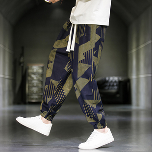 子中国风透气休闲裤 花裤 男国潮胯裆大码 阔腿裤 夏季 束脚灯笼裤 薄款