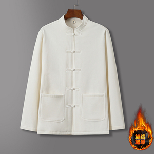 中式秋冬加绒加厚唐装衬衫中国风复古休闲立领中山装茶服汉服上衣
