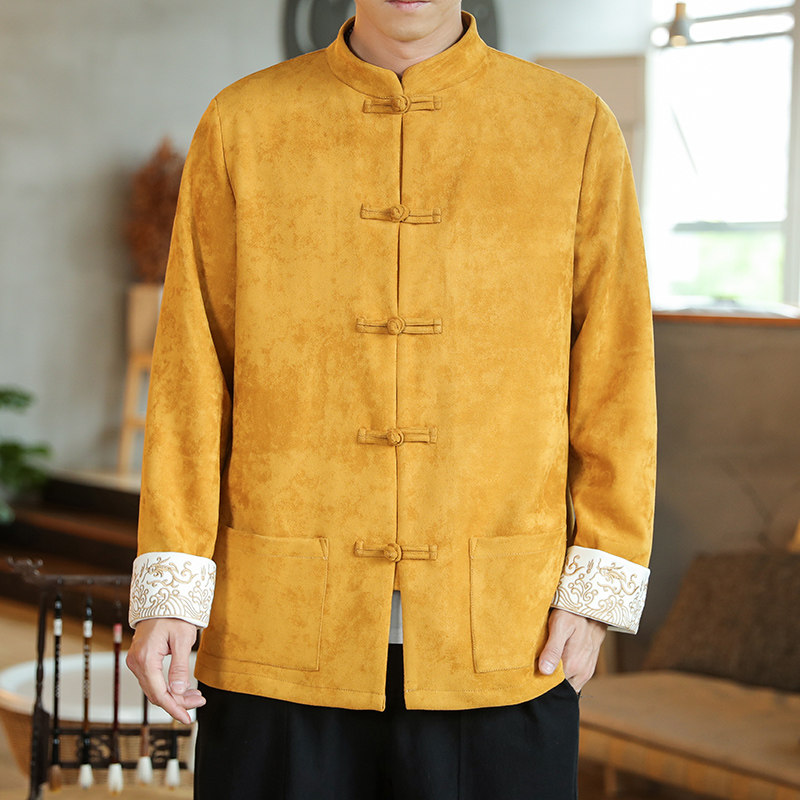 中国风秋冬休闲对襟盘扣唐装麂皮绒外套中式刺绣复古夹克汉服褂子