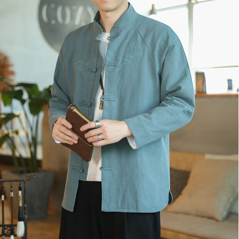 棉麻唐装男宽松刺绣休闲立领衬衫中国风复古盘扣汉服中式改良茶服