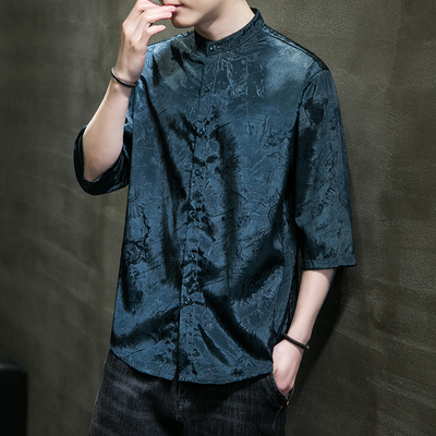 新款冰丝夏季薄款T恤男青年百搭透气短袖衬衫中国风刺绣休闲半袖